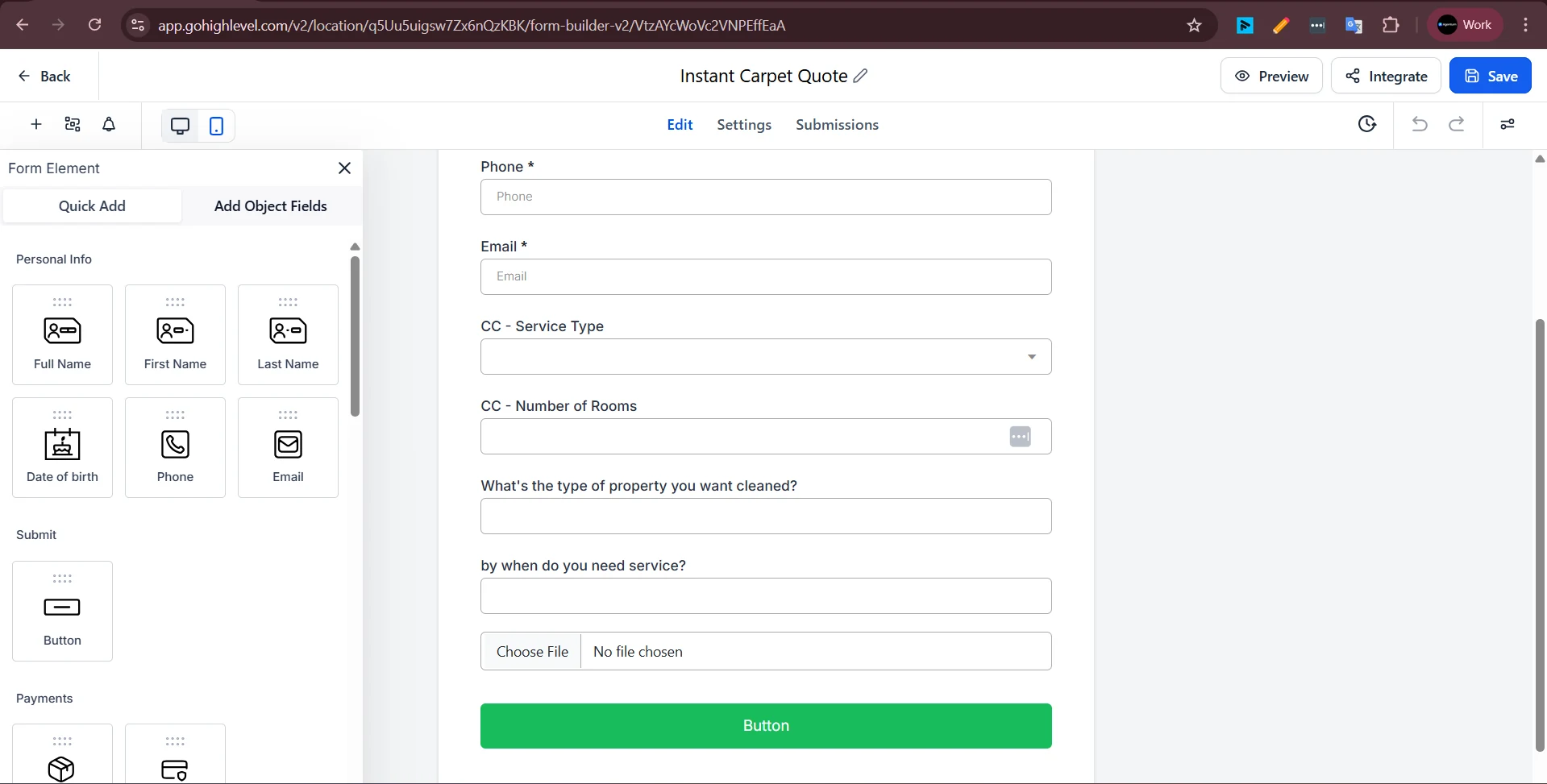 The quote form with service type, rooms and photo upload